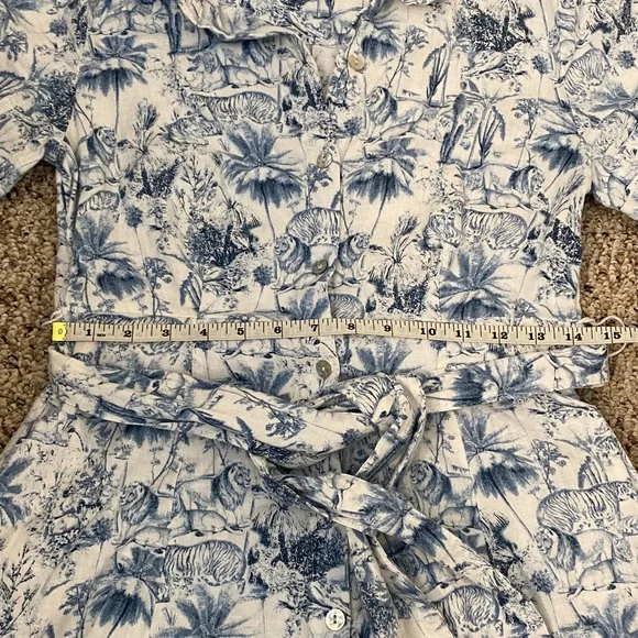 Rachel Zoe White and Blue Safari Linen Blend Midi Shirt Dress with Waist Tie - Picture 6 of 10